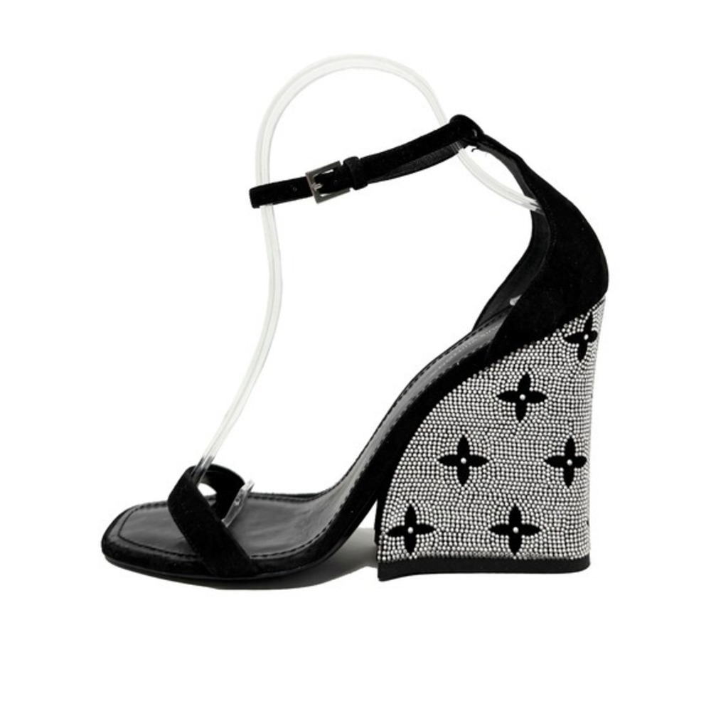 Louis Vuitton Black Leather‎ Heels Crystal Heel Sandals 37.5